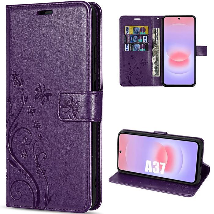 Coque pour Samsung Galaxy A37 5G, Protection Cuir Synthétique Antichoc Violet Foncé Motif Papillon
