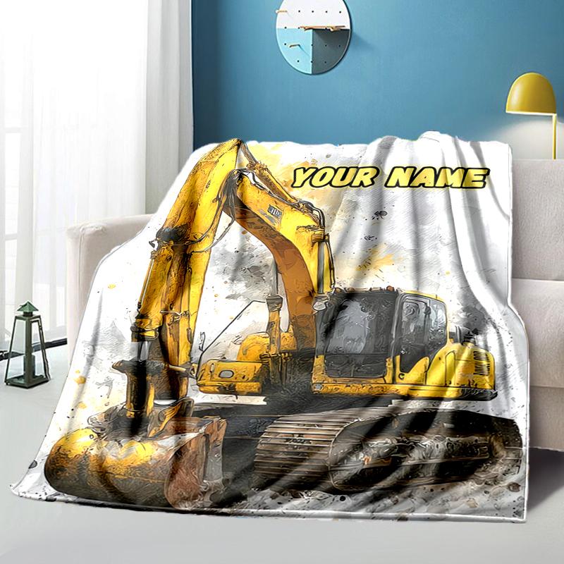 1PC Custom Name Excavator Art Card flannel blanket versatile,all-season throw suitable for the living room,bedroom,camping,travel,and gift