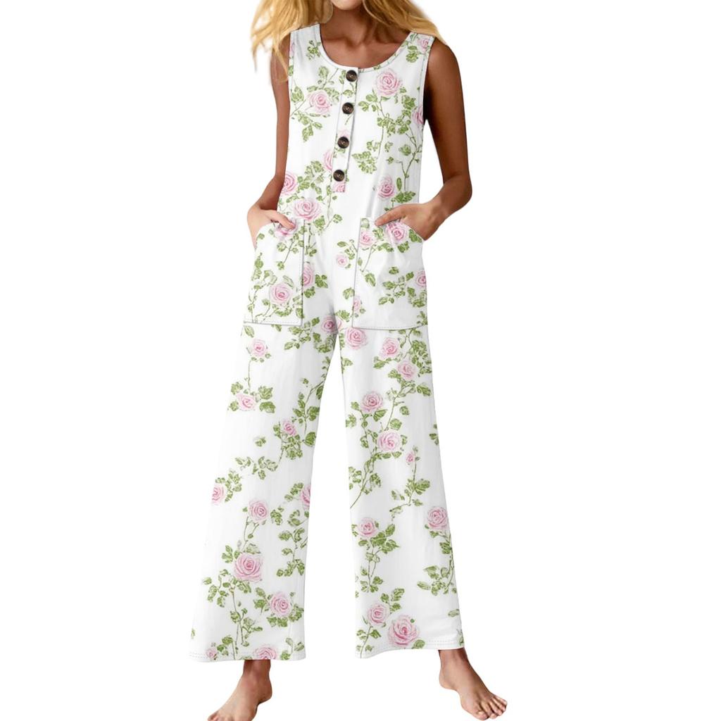 Damenmode Lässiger Jumpsuit mit Knöpfen, ärmellos, Blumendruck, Baumwoll-Overall mit Taschen