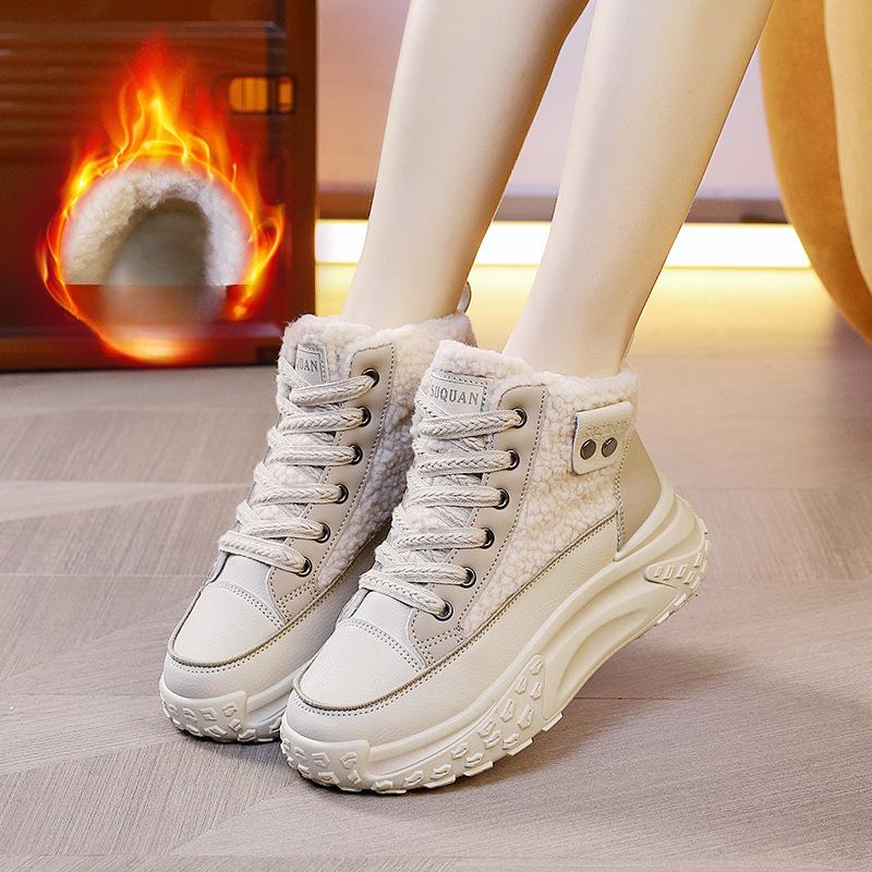 Tênis Esportivo Feminino Cano Alto de Algodão Aveludado com Lã de Cordeiro para Inverno