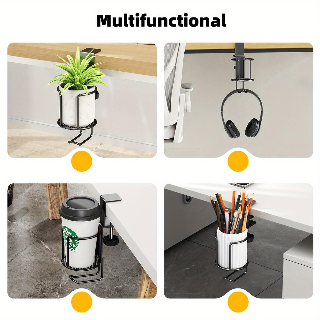 Upgraded 2 In 1 Adjustable Clamp-on Cup Holder, No Drill Table Edge Mount, Anti-Fall Desk Drink Holder for Daily Use
