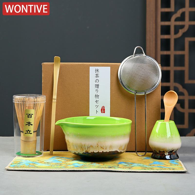 7pcs Traditional Bamboo Ceramic Japanese Matcha Tea Set with Spout Reusable Matcha Whisk Set Food Grade Safe Match Bowl Stirring