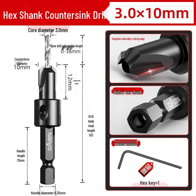 Hex Shank 90° Woodworking Countersink Drill Bit for Pilot Holes and Self-Tapping Screws