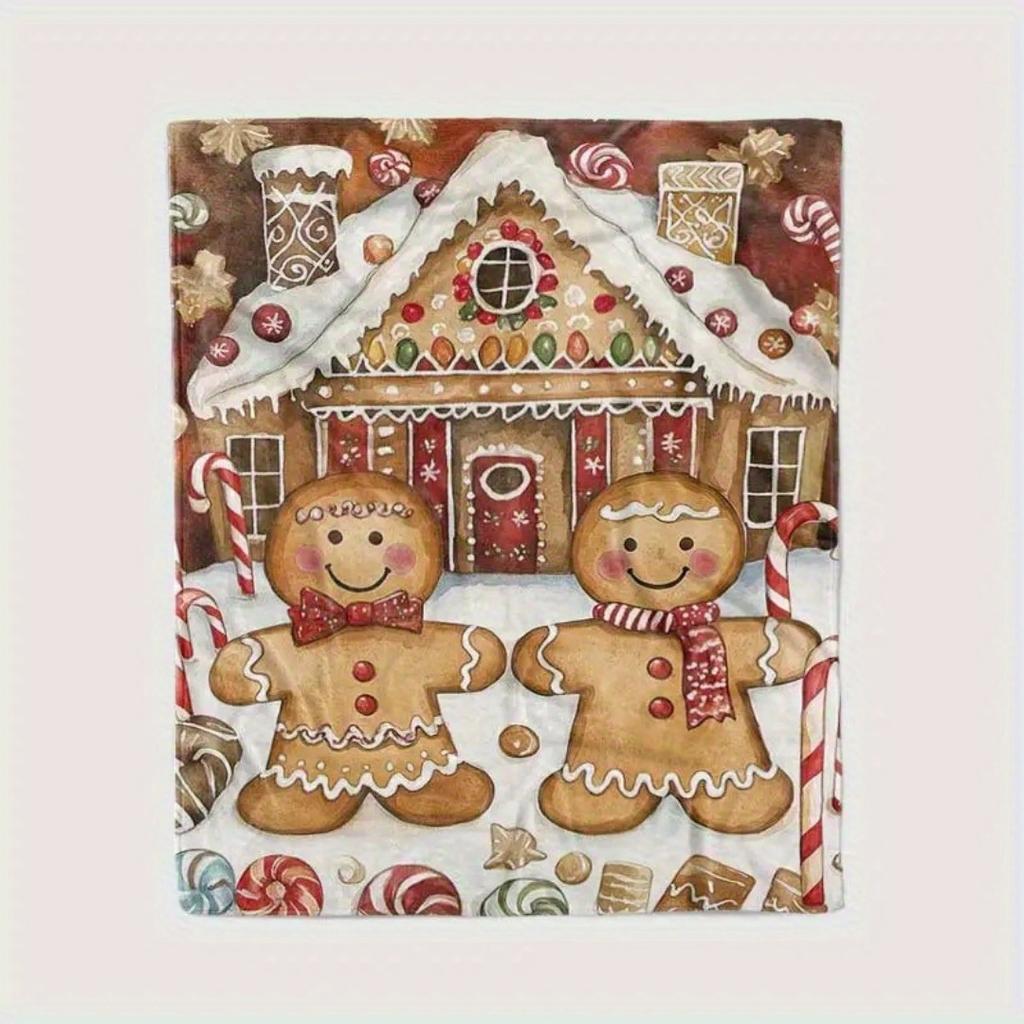 1pc Yellow Christmas Blanket Gingerbread Man House Printed Skin-Friendly Soft Blanket New for Gift Christmas Decoration