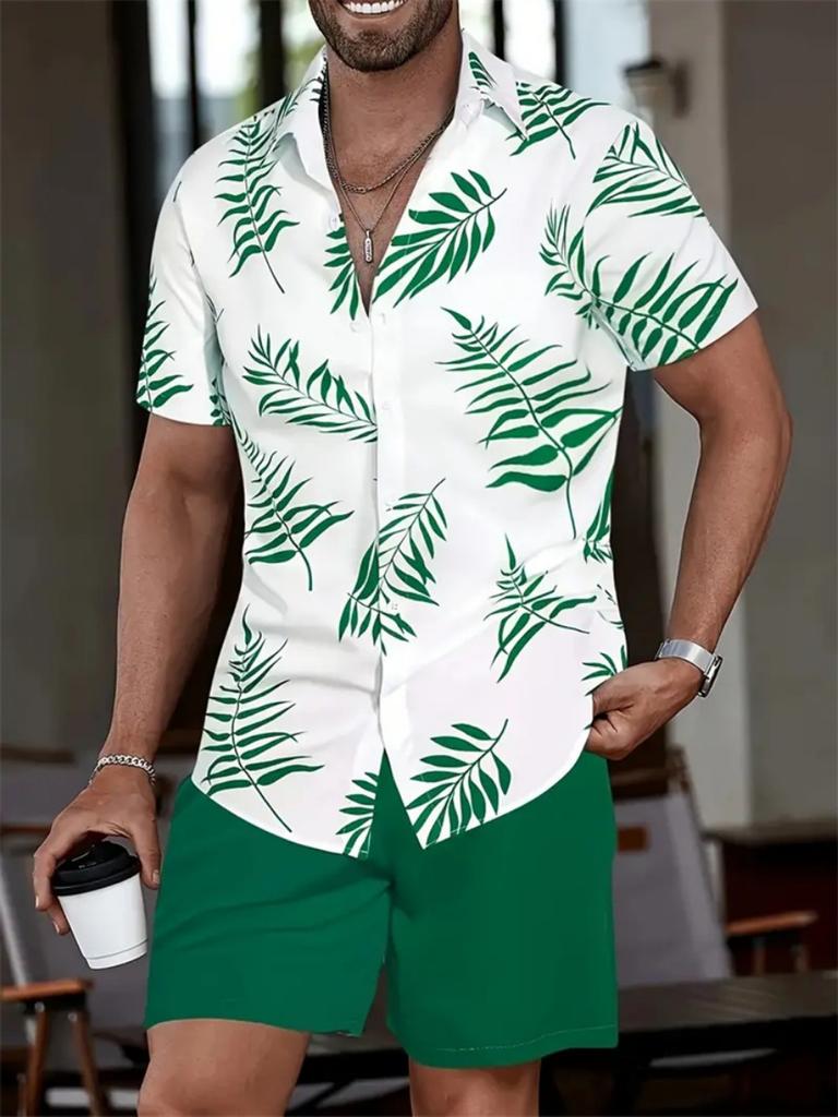 Hawaii Geometric Print Men's Shirt Casual Fashion Short Sleeve Shirt Shorts Set Men's Lapel Top Drawstring Shorts Two Piece Set