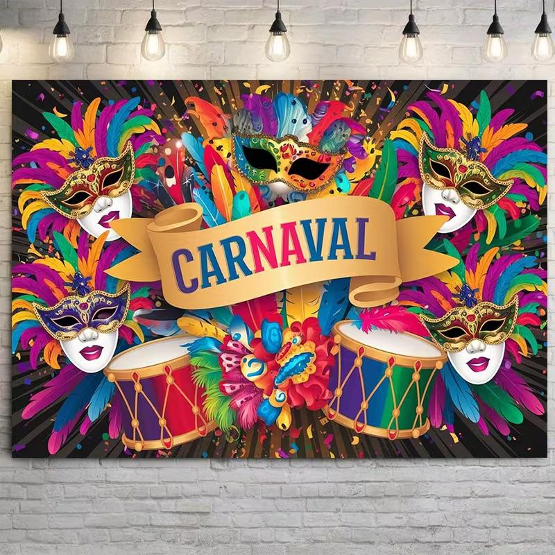 2D Carnaval Mardi Gras Backdrop Colorful Feather Mask Party Background Cloth