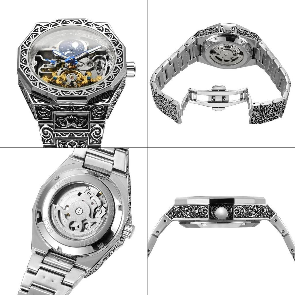 FORSINING Mens Luxury Engraving Wrist Watches Unique Tattoo Pattern Carved Stainless Steel Band Luminous Automatic Skeleton Watch