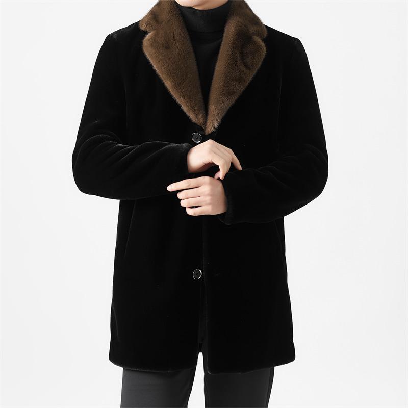 Men's Mid-Length Wool Coat with Faux Mink Fur Lapel - Fashionable, Casual, and Warm Dad's Wear