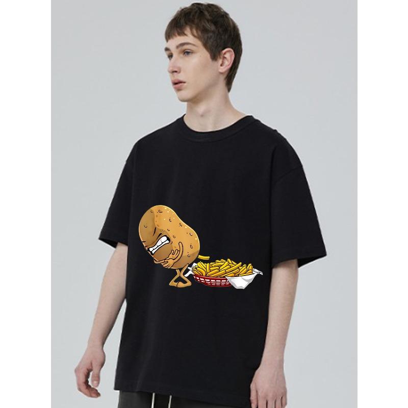 Oversized T-Shirt Black Potato Cartoon French Fries Print Casual Streetwear Summer Top Men Women Unisex Fashion Trendy Graphic Tee