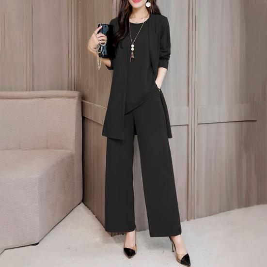 3Pcs/Set O-neck Sleeveless Lady Outfit Irregular Hem Elastic Waistband Pockets Vest Top Wide Leg Pants Mid-length Coat Set