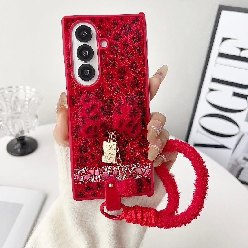 Applicable To Samsung ZFold7 Folding Leopard Print Mobile Phone Case, Bow Plush Hand Rope Zfold6/5 Japanese and Korean Protective Case