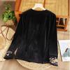 Women's Embroidered Velvet Blouse  Autumn Winter Crew Neck Long-sleeve Velvet T-shirt Solid Color Pullover