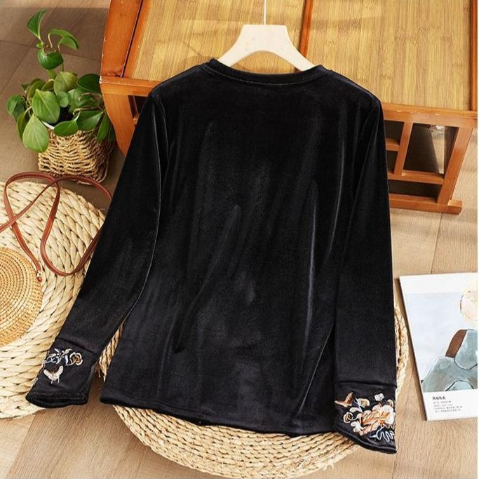 Women's Embroidered Velvet Blouse  Autumn Winter Crew Neck Long-sleeve Velvet T-shirt Solid Color Pullover