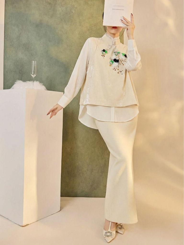 White Beaded Embroidery Vest with Stand-up Collar Shirt and Skirt - New Chinese Style Suit for Women, NZ019