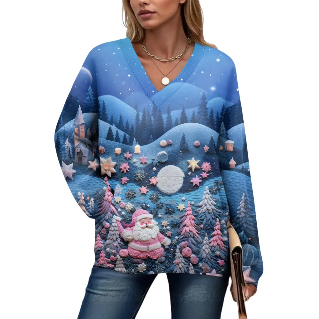 Women's Casual And Fashionable Christmas Print Long-Sleeved Top