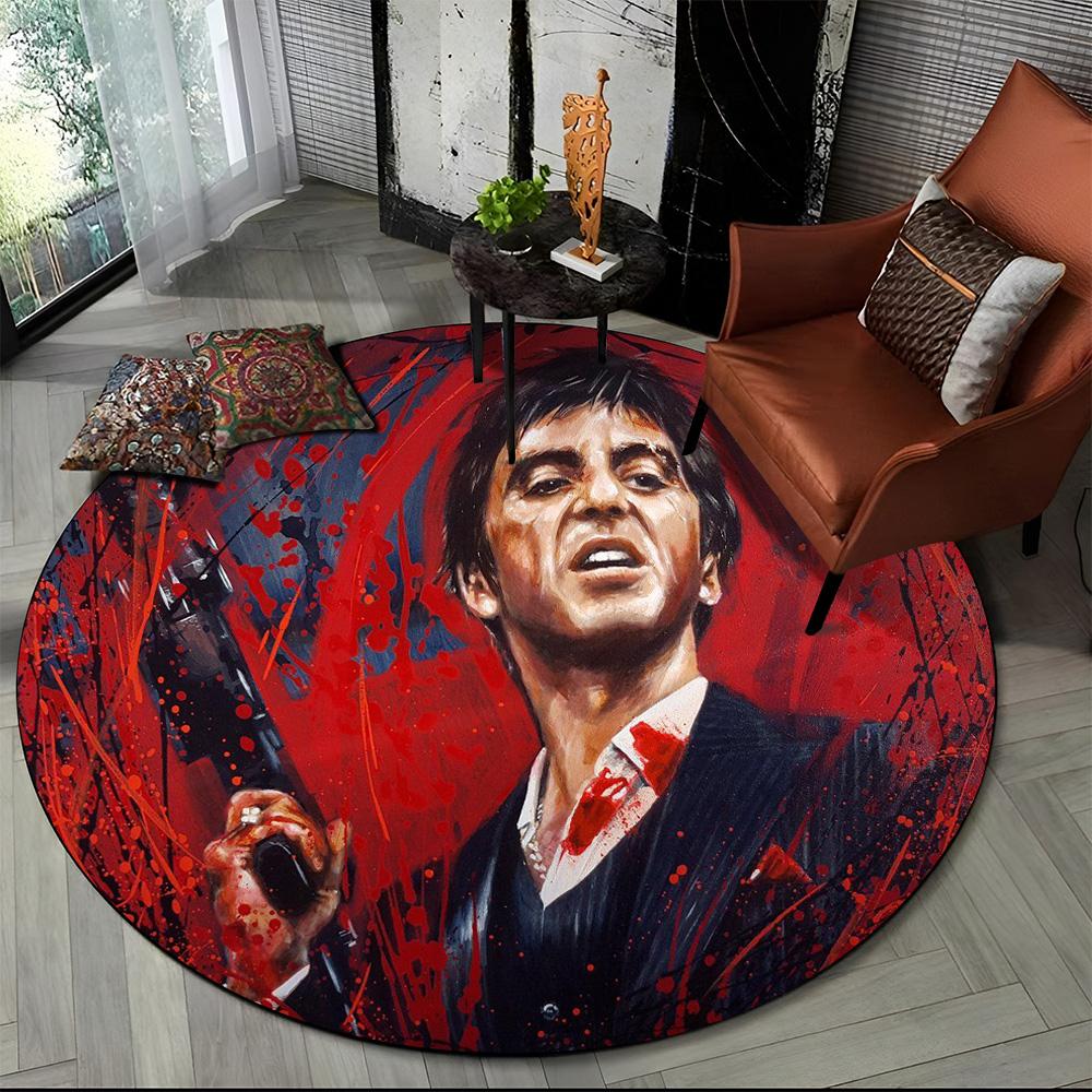 3D Tištěný Film Scarface Tony HD Kulatý Koberec pro Obývací Pokoj Ložnici Dětský Herní Koutek Dekorace, Koberec do Zvířecí Zóny Protiskluzová Podložka