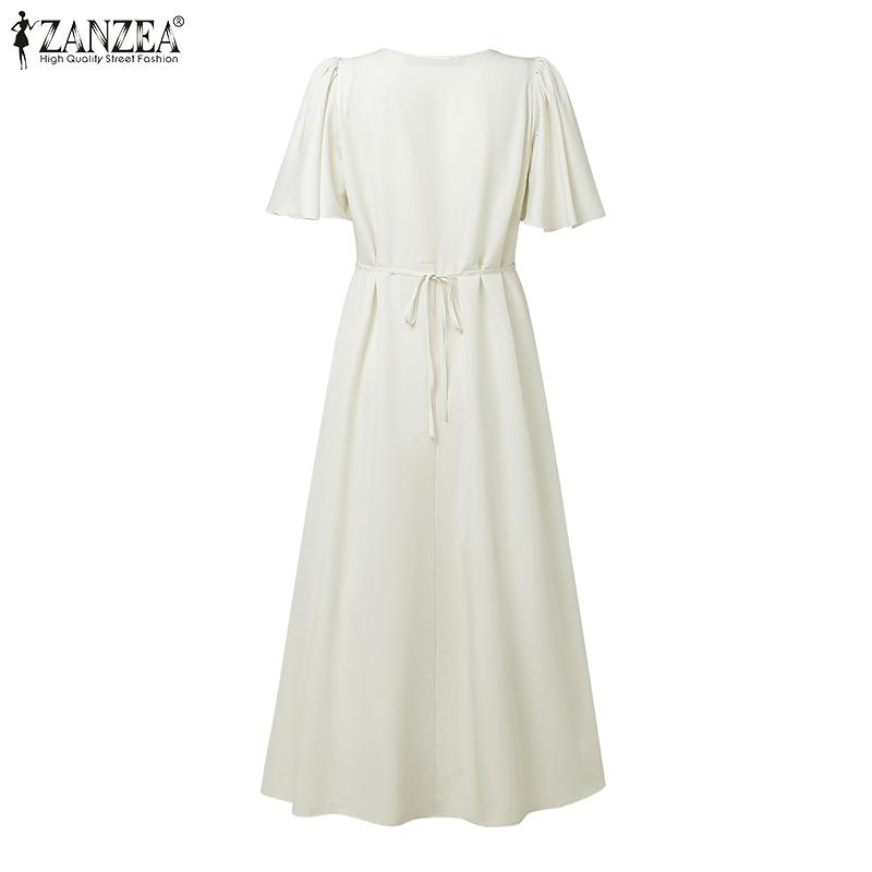 ZANZEA Women Casual V-Neck Summer Short Sleeve Long Dress