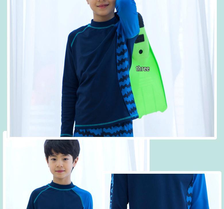 Boys' Blue Quick-Dry Korean Style Long-Sleeve Sun Protection Swimwear Set with Cap, Plus Size