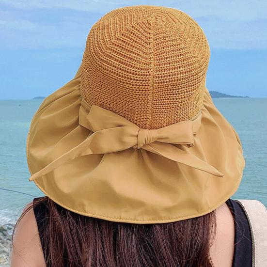 Sun Hat Large Brim Foldable Hollow Breathable Floppy UV Protection Bow Tie Decor Women Sunscreen Summer Hat Beach Cap for Outdoor