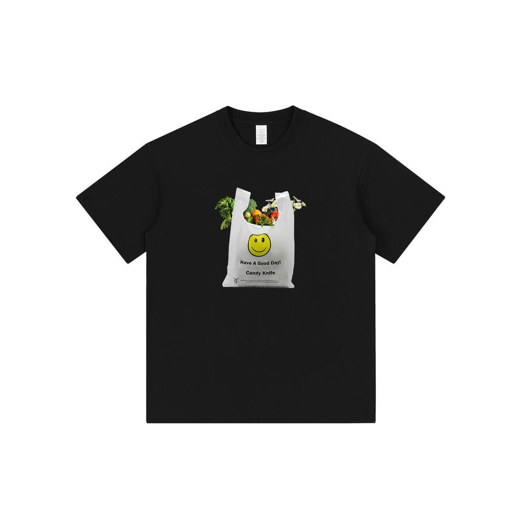 Unisex Summer Cotton Crew Neck T-Shirt with Plastic Bag Print, Casual Loose Plus Size Tee
