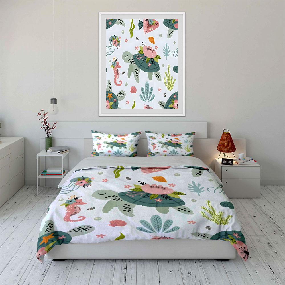 Sea Turtles and Floral Pattern Bedding Duvet Cover Set  (1*Duvet Cover 2*Pillowcases, Without Duvet Insert)