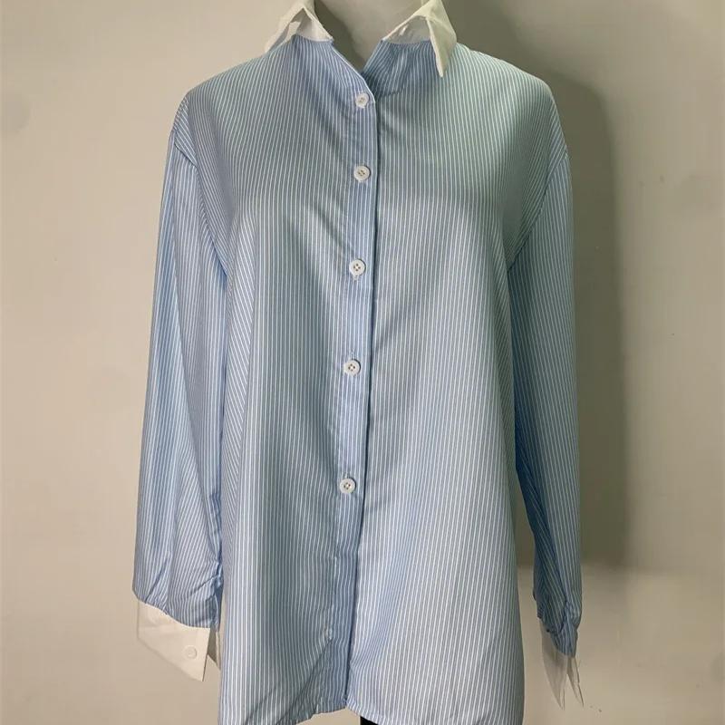 

Корейский шик темперамент полосатая женская рубашка топы повседневная уличная одежда весна осень длинный рукав лацкан однобортный свободные блузки S