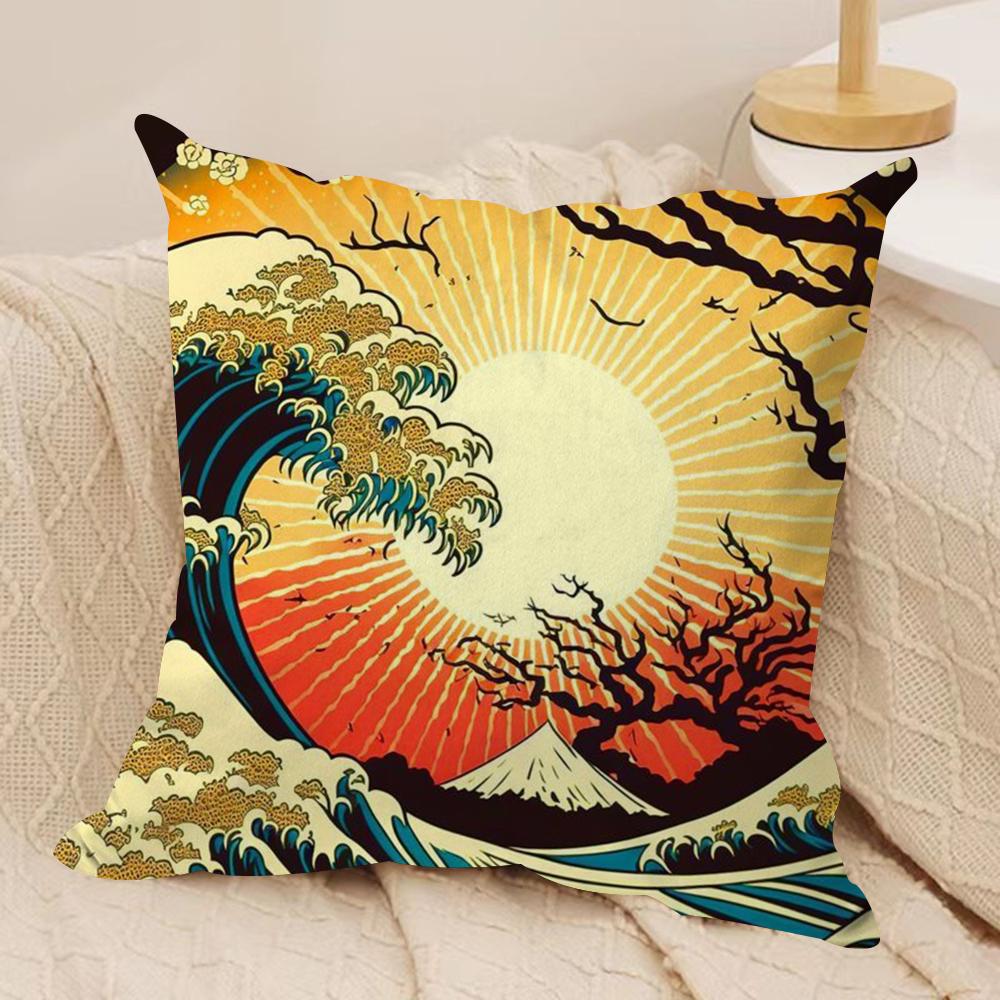 Japanese Waves Cushion Cover Silky Short Plush DoubleSided Printed Pillow Case for Sofa All Seasons Home Decor Gift