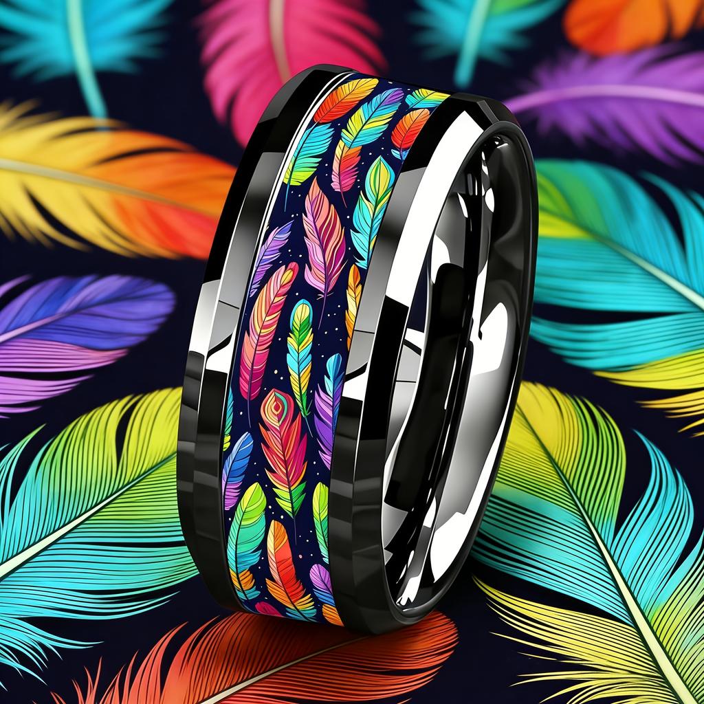 SUNFLOWERZHU Colorful Feather Men Stainless Steel Rings Personality Silver Polished Cartoon Stainless Steel Ring Wholesale