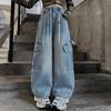 Spring Autumn Girls' Cargo Jeans for Girls Loose Casual Elastic Waist Teenage Children Wide Leg Pants Design Streetwear Kids Trousers