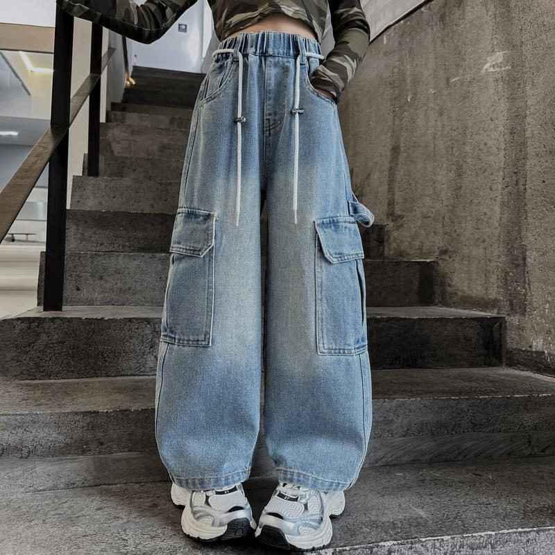 Spring Autumn Girls' Cargo Jeans for Girls Loose Casual Elastic Waist Teenage Children Wide Leg Pants Design Streetwear Kids Trousers