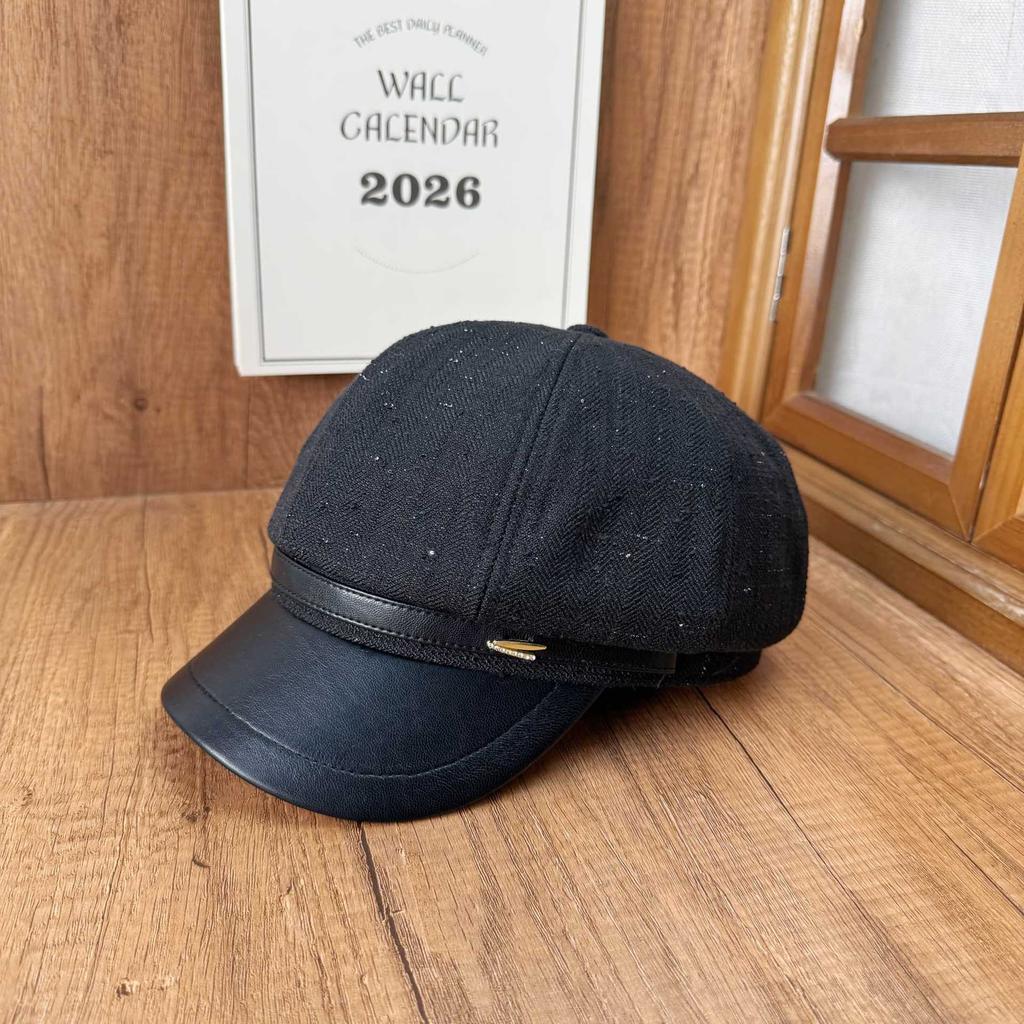 American New Octagonal Hat Women's Autumn Shopping Warm Hat Leather Brim Painter Hat Showing Face Small Cap Trendy Beret