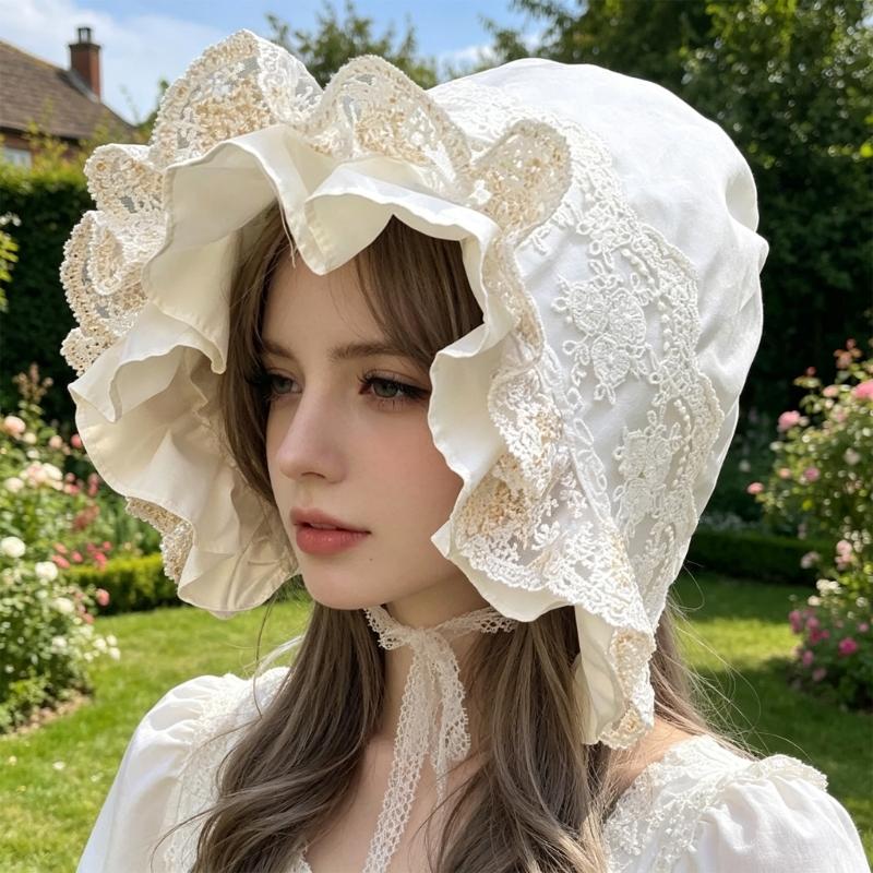Ruffled Brim Bonnet Hat with Lace Edge and Chin Ties, 55-60 Cm Decorative Headwear for Gatherings and Portraits