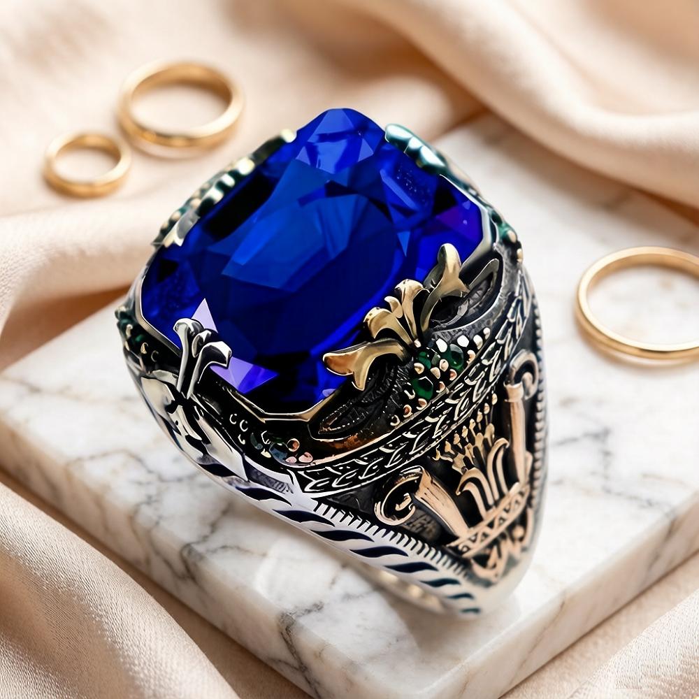 Vintage Men's Ring Stainless Steel Retro Castle Pattern Finger Ring Colorful Artificial Crystal Gemstone Statement Ring for Men