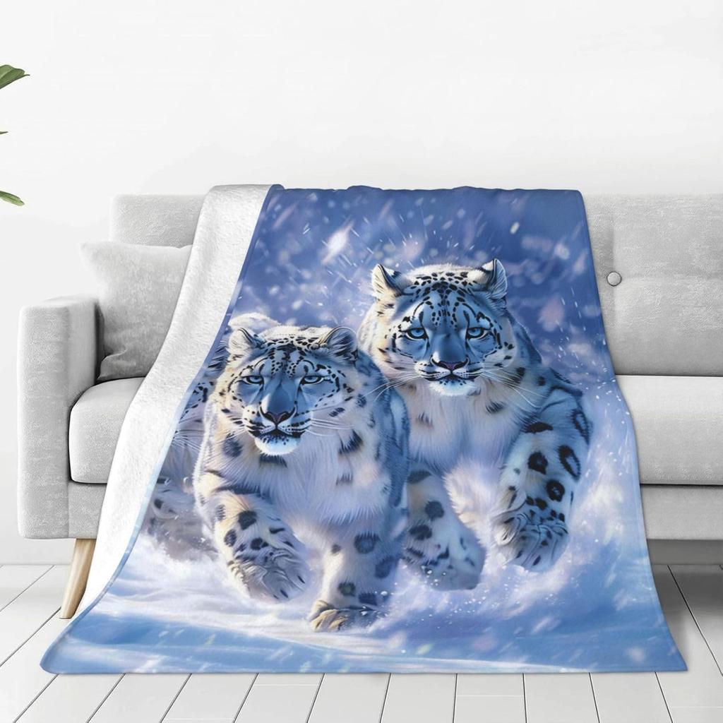 Snow Leopard Blanket with Three Wild Cats in Snowstorm Design for Cozy Living Room Decor AnimalPrintThrow Gift for Nature Lover