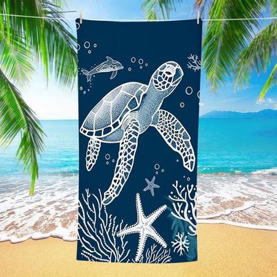 Azul Marino Blanco Dibujo Lineal Tortuga Marina Delfín Coral Toalla de Playa Secado Rápido Resistente a la Arena Toalla Temática Marina Piscina Toalla de Viaje