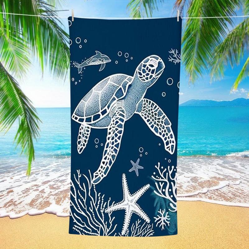 Azzurro Bianco Line Art Tartaruga Marina Delfino Corallo Telo da Spiaggia Asciugatura Rapida Anti-Sabbia Asciugamano Tema Marino Piscina Viaggio