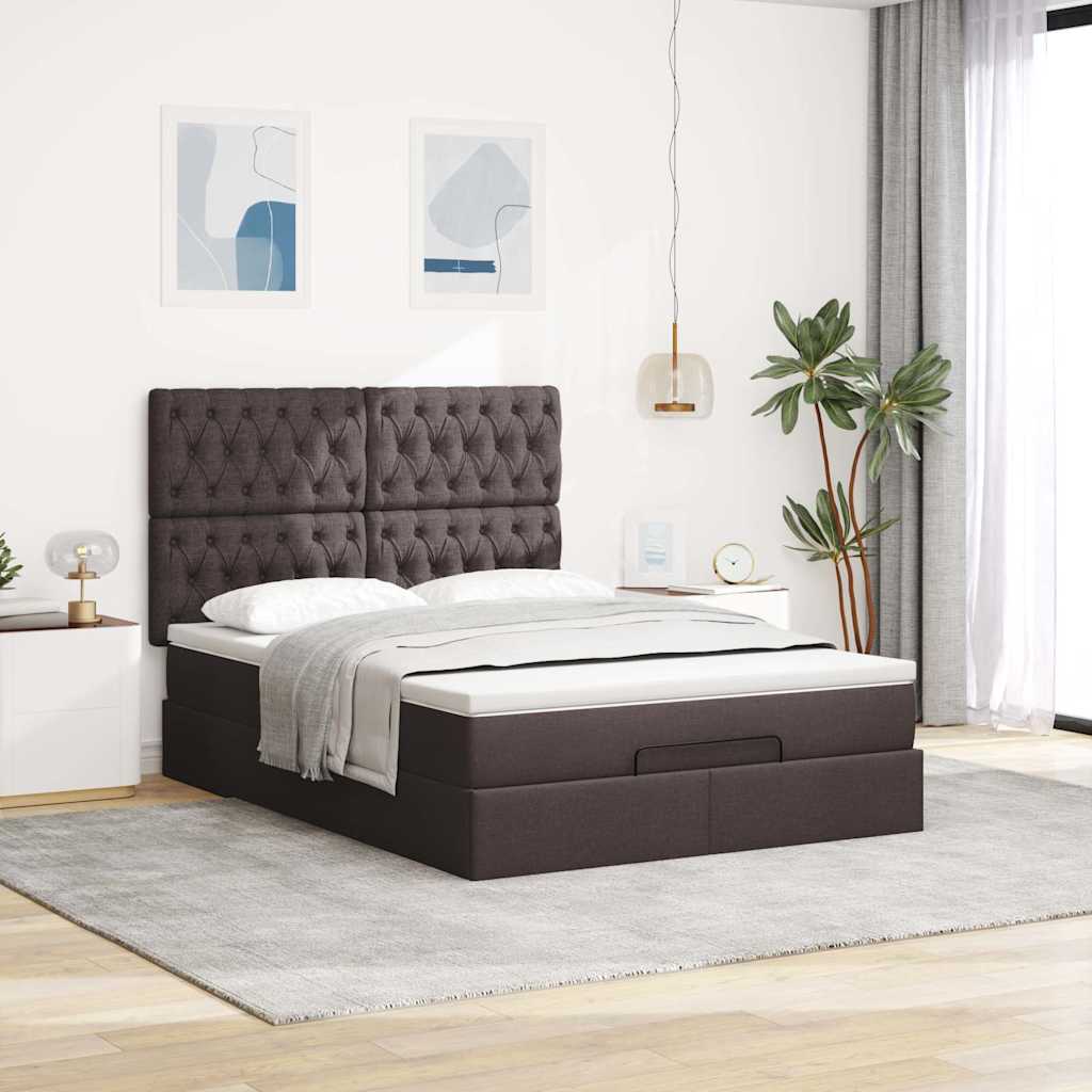 Ottoman Bed with Mattress & LEDs Dark Brown 140x190 Cm Fabric