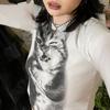 Harajuku Mosaic Cat Print Oříznutý Top Ležérní Základní Trička s dlouhým rukávem Crew Neck Přiléhavá trička Y2K
