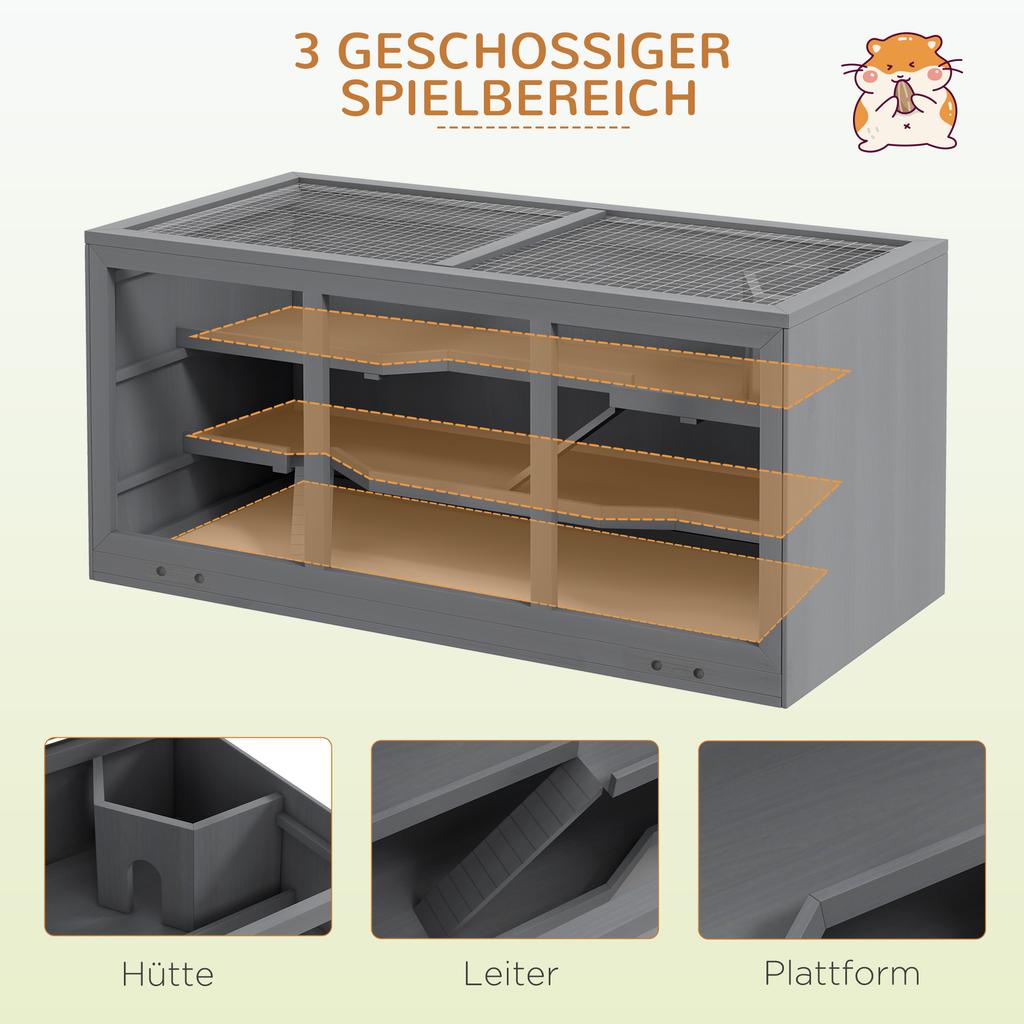 Wooden Hamster Cage, Small Animals Hutch with Tray, Openable Top, Exercise Play House Pen, 115L x 57W x 55Hcm, Grey