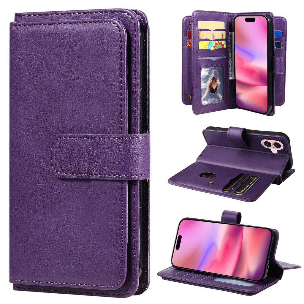 For iPhone 16 Leather Case with 10 Card Holder Phone Cover Stand