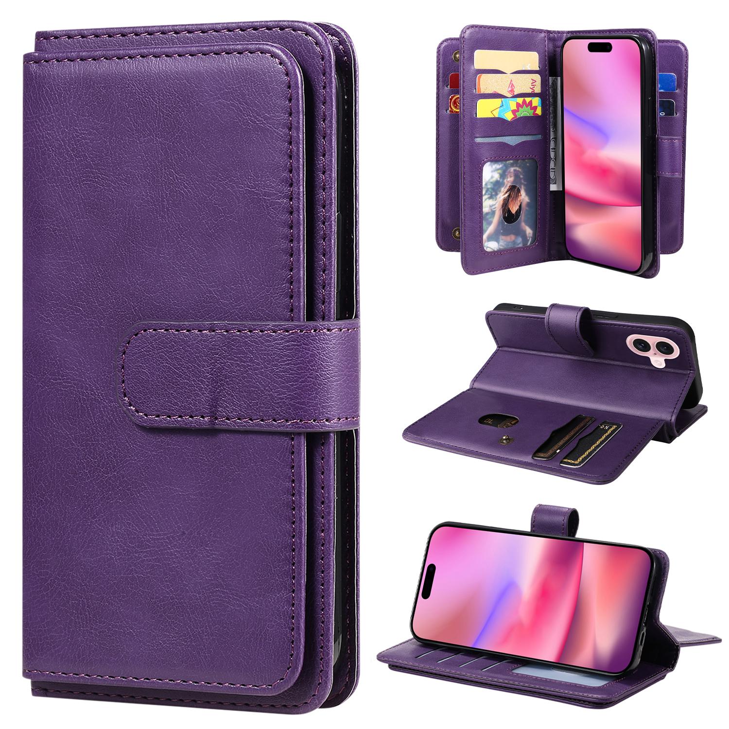 

For iPhone 16 Leather Case with 10 Card Holder Phone Cover Stand F