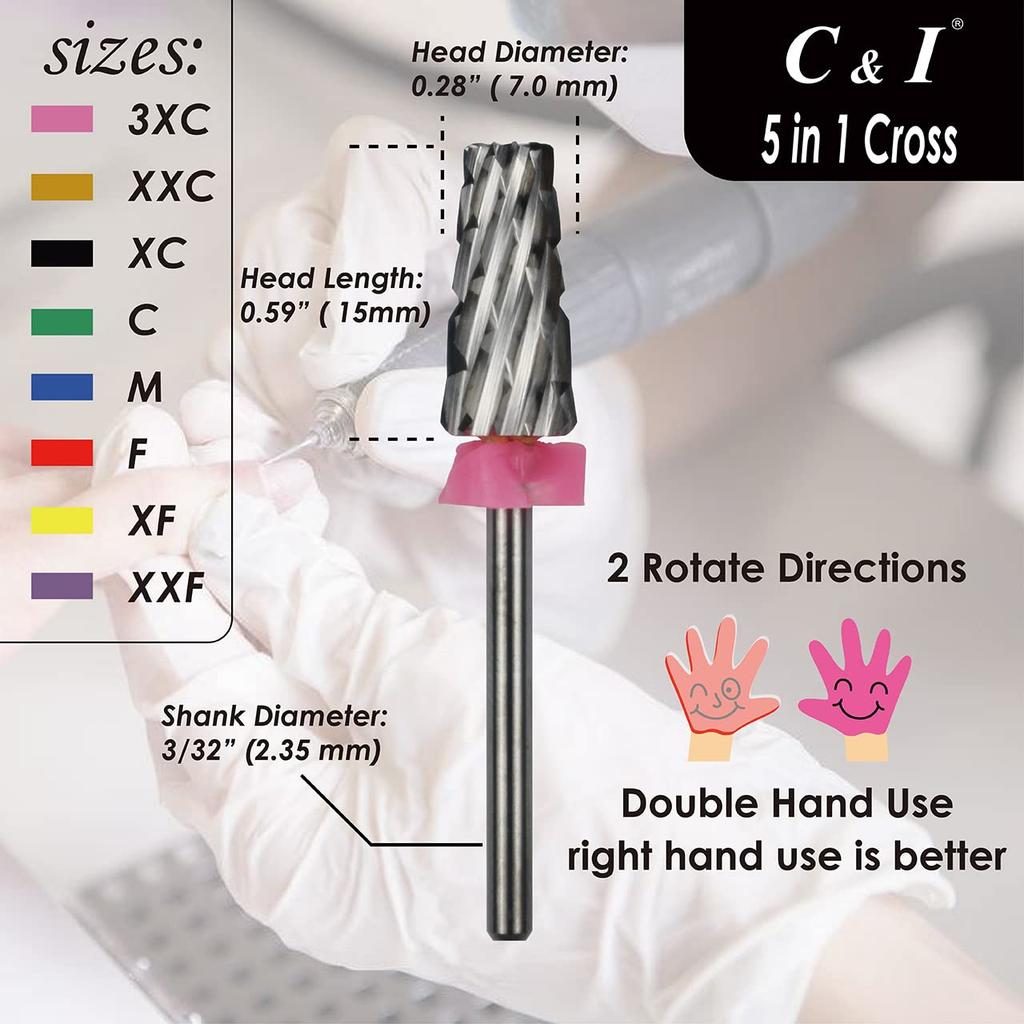 C & I 5 in 1 Multi-function Tapered Shape Nail Drill, Cross Teeth Edition, Professional Drill Bit for Nail Manicure Machine (Double Fine - XXF)