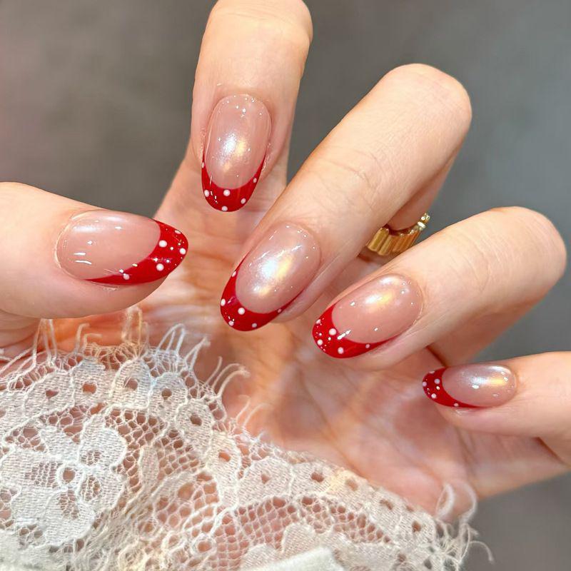 Retro Polka Dot Cat Eye Red Nail Art – Whimsical Patchwork Style