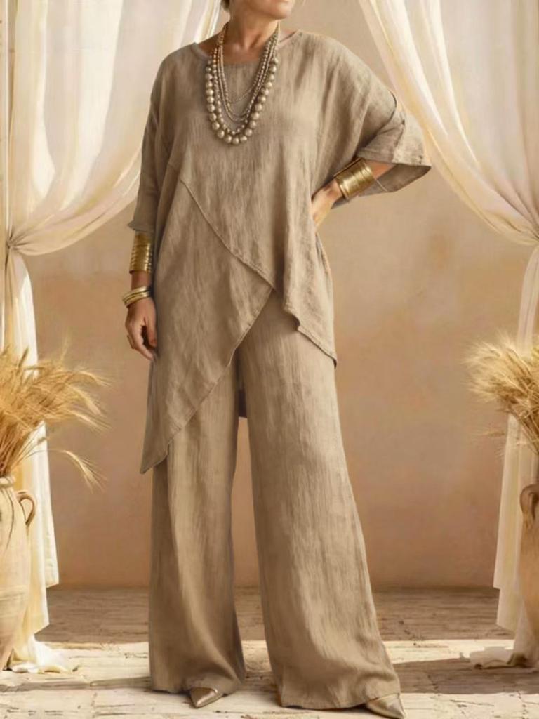 Dámský lněný dvoudílný set Asymetrický top & Široké kalhoty Ležérní letní outfit