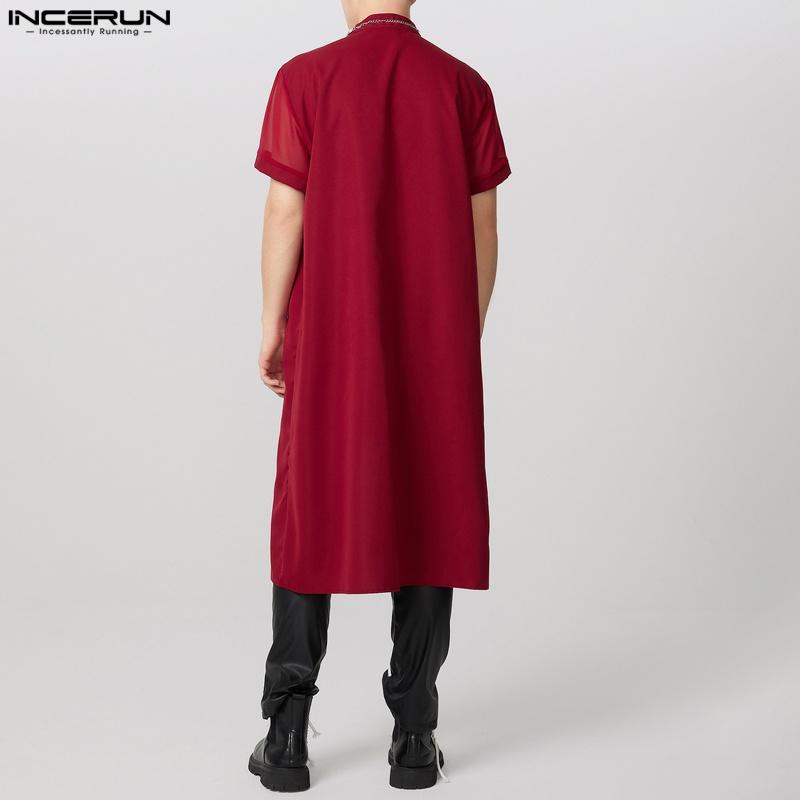 INCERUN Men Short Sleeve Layers Patchwork Mesh Sheer High Low Casual Shirts