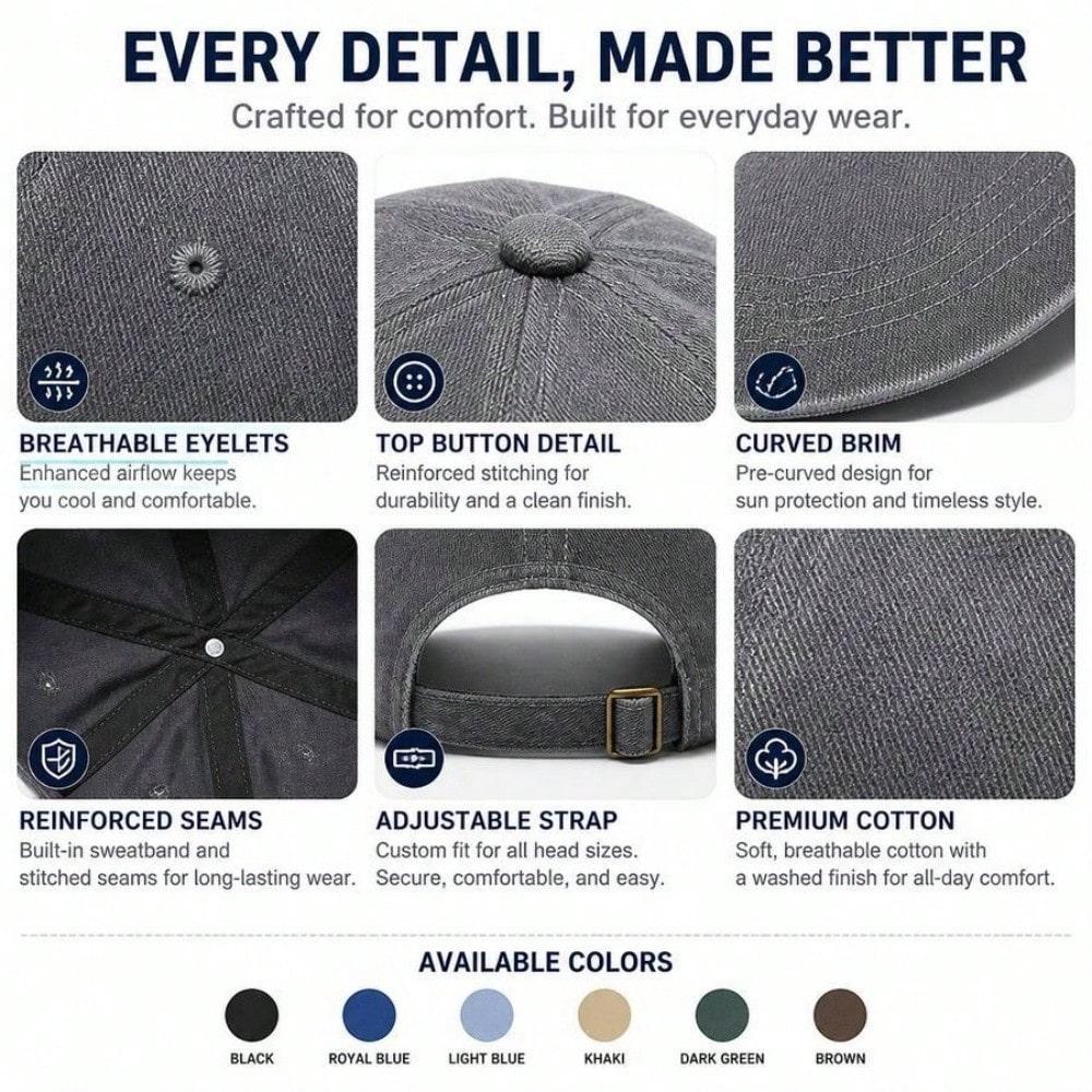Unisex Snap-On Print Baseball Cap | Adjustable Vintage Washed Grey Soft Fabric Dad Hat For Outdoor Casual Sports