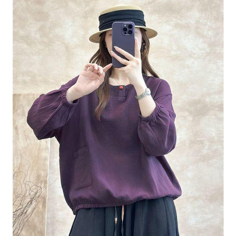 Retro Casual Long Sleeve Cotton Linen Top - Spring/Summer Versatile Plus Size Women s T-Shirt 4XL