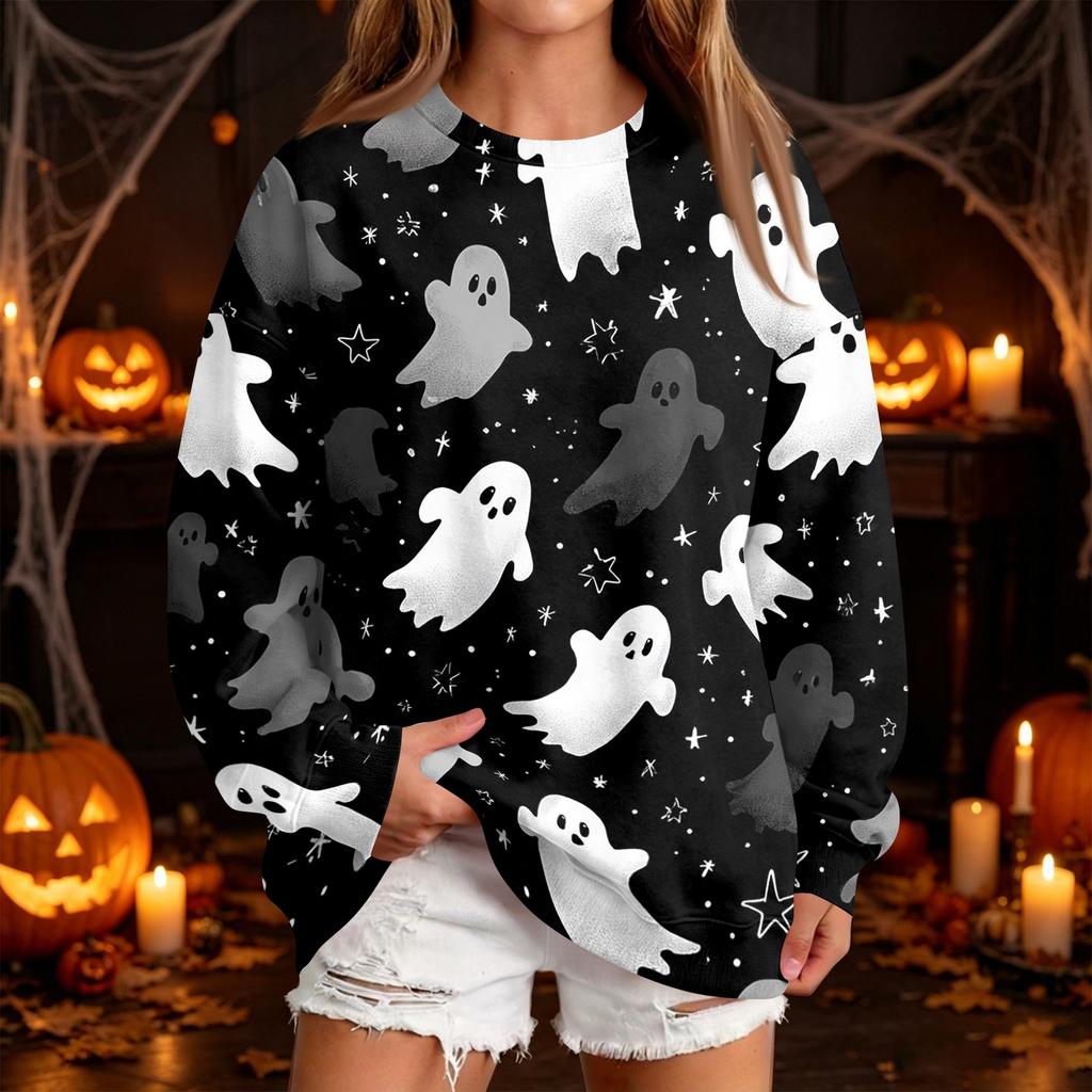 Women's Casual Round Neck Sweatshirt with Halloween Print, Long Sleeve Pullover for Festivals