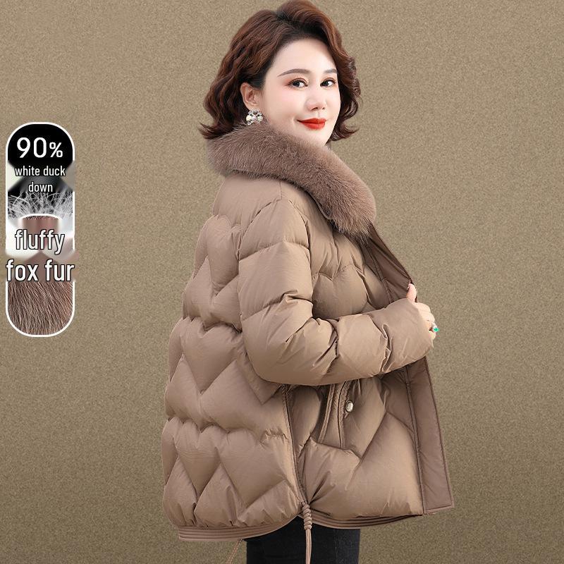 

Mom s Chic Winter White Duck Down Coat with Fox Fur Collar - Warm Jacket for Middle-Aged and Elderly Women L (below 105 jin)