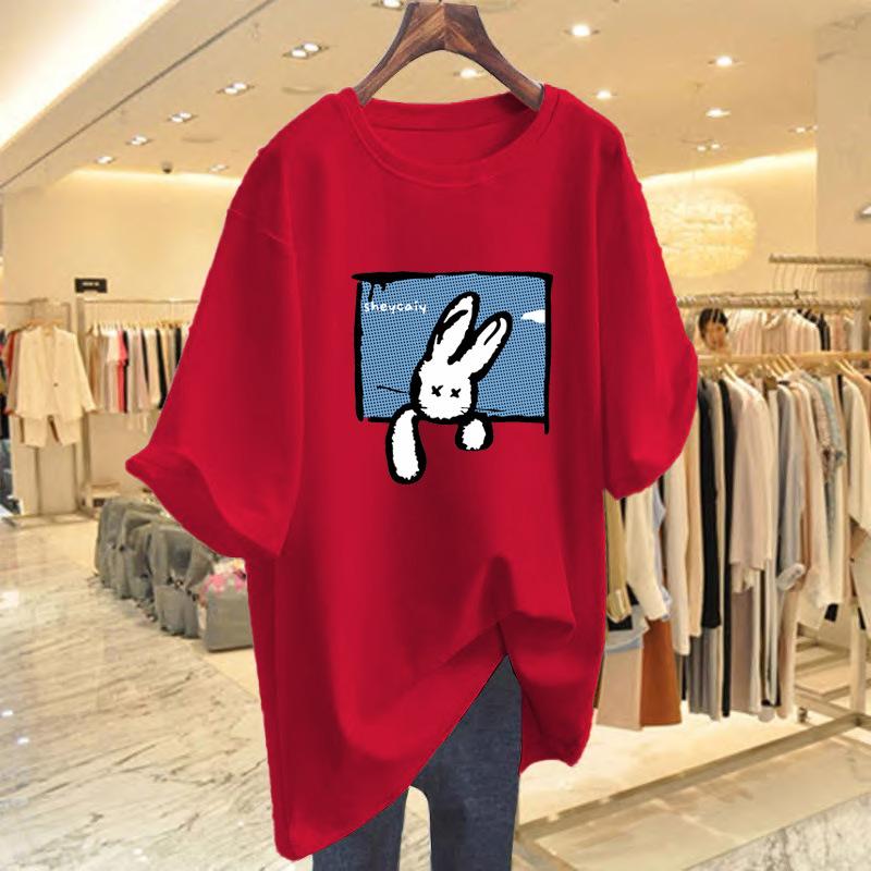 Heavy 100% cotton ns salt new short-sleeved T-shirt women's printing loose design cartoon rabbit top